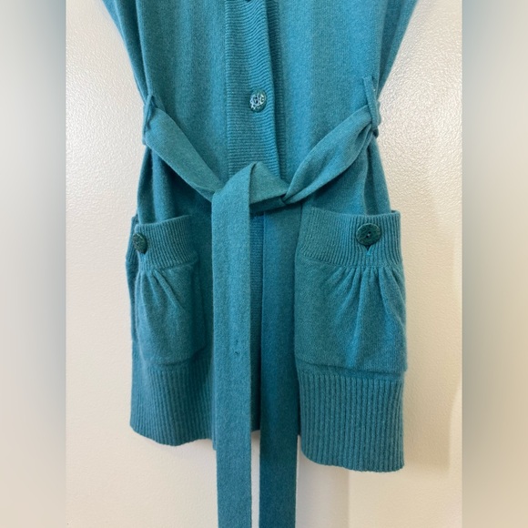 Beth Bowley Teal Knit Cardigan Long - Medium Cashmere Belted Sweater V-neck - Picture 3 of 12